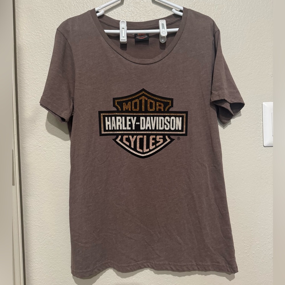 Harley-Davidson Brown and Orange Women’s Classic Logo Tee with Rhinestones
